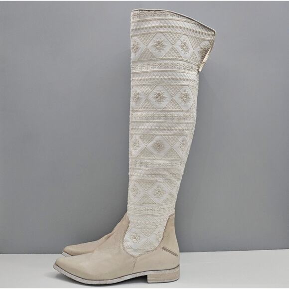 NEW Free People Bren Knee High Boot Womens EU 38 Cream Embroidered Boho Slouchy - Picture 1 of 15